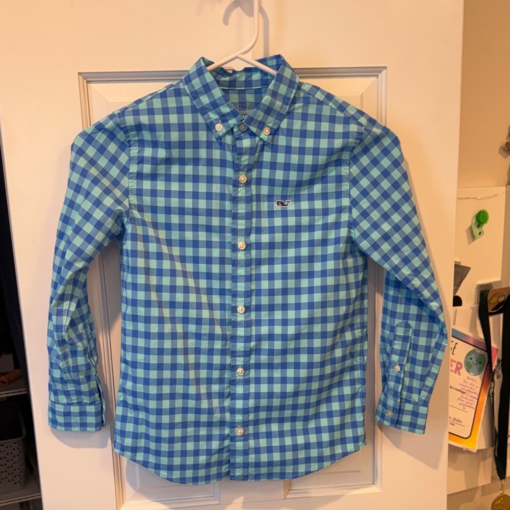Vineyard Vines Performance Blue and Green Checkered Kids Button Down